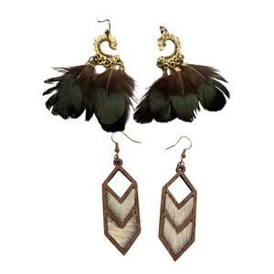 Boho Feather and Wood Hair-on-Hide Dangle Earring Set Gold Tone Brown 2 Pairs